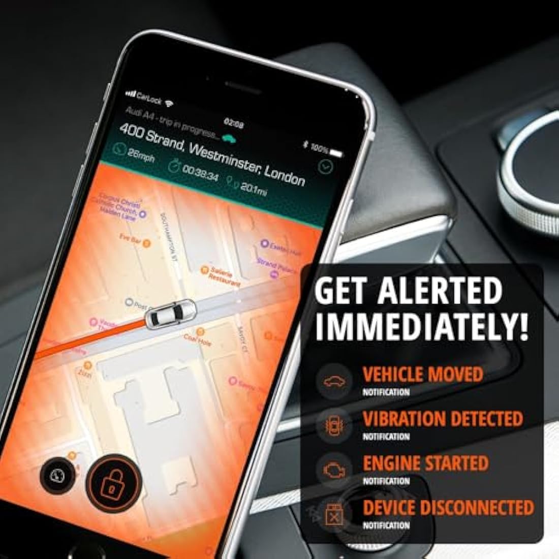 CARLOCK Basic Anti Theft Car Device Security System - Wired Car GPS Tracker, Vibration Sensor, & Car TAG - Car Alarm System - Phone Apps & Instant Alerts - Van Vehicle Tracker