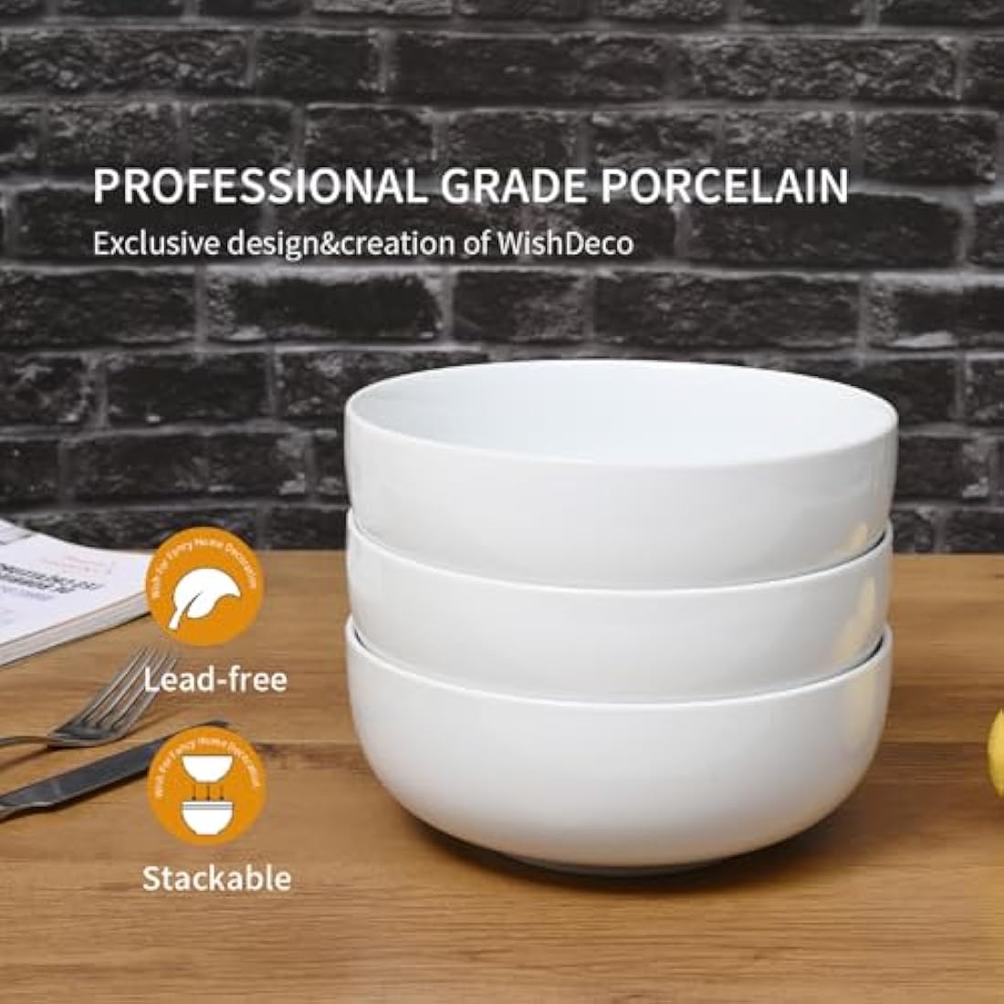 WishDeco Large Soup Bowls Set of 3, Ceramic Salad Bowls 1100ml, White Pasta Bowl, Serving Bowl for Noodle Ramen, Fruit, Dessert, Cereal