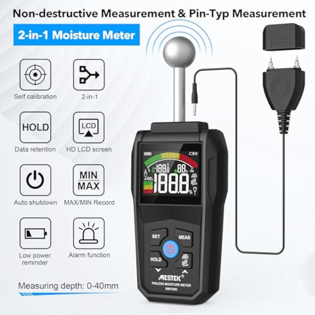 Moisture Meter,MESTEK Damp Meter,2 in 1 Damp Meter for Walls Pin & Pinless with Color LCD and Audible Alarm, Detects 20-40mm of Wall, Wood, Masonry, Concrete and Other Building Materials