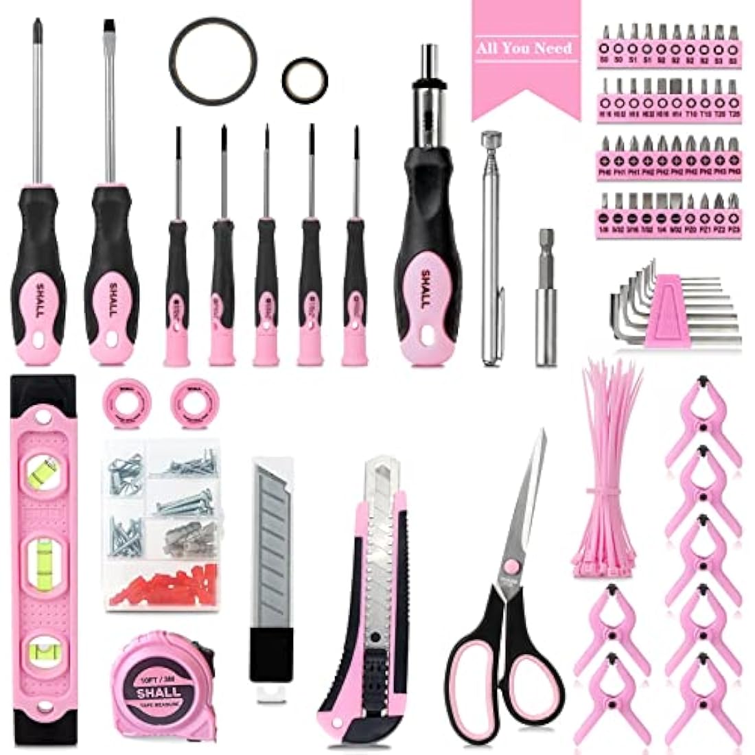 SHALL Pink Tool Set, 246-Piece Home Tool Kit for Women, Ladies Basic Tool kit for House with 14”Wide Mouth Open Tool Bag, General Household Hand Tool Set for Home Repair, Maintenance and Improvement
