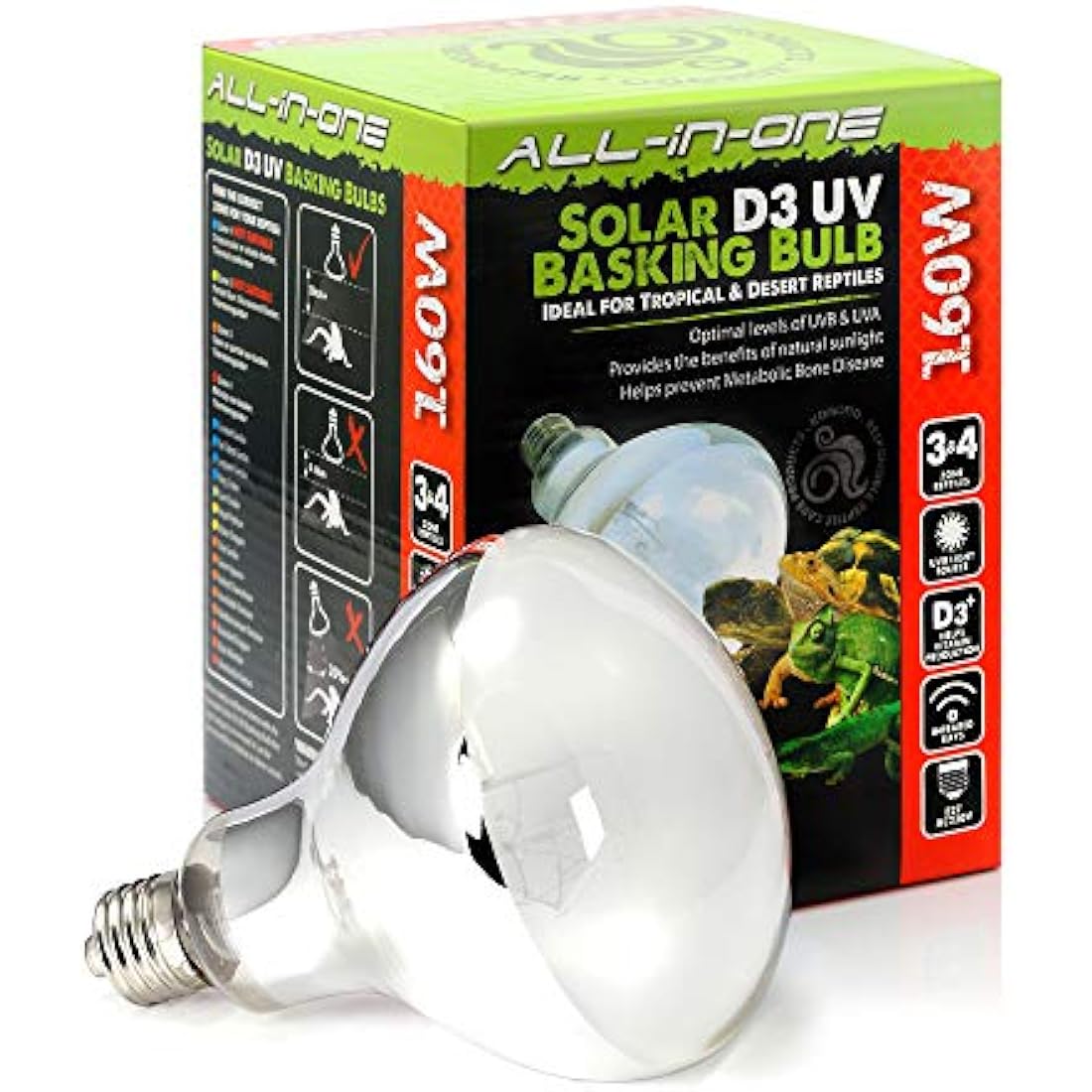 Komodo Solar D3 UV Basking Bulb Heat and Light Bulb for Desert & Tropical Reptile Habitats, Terrarium & Vivarium Lighting 160W