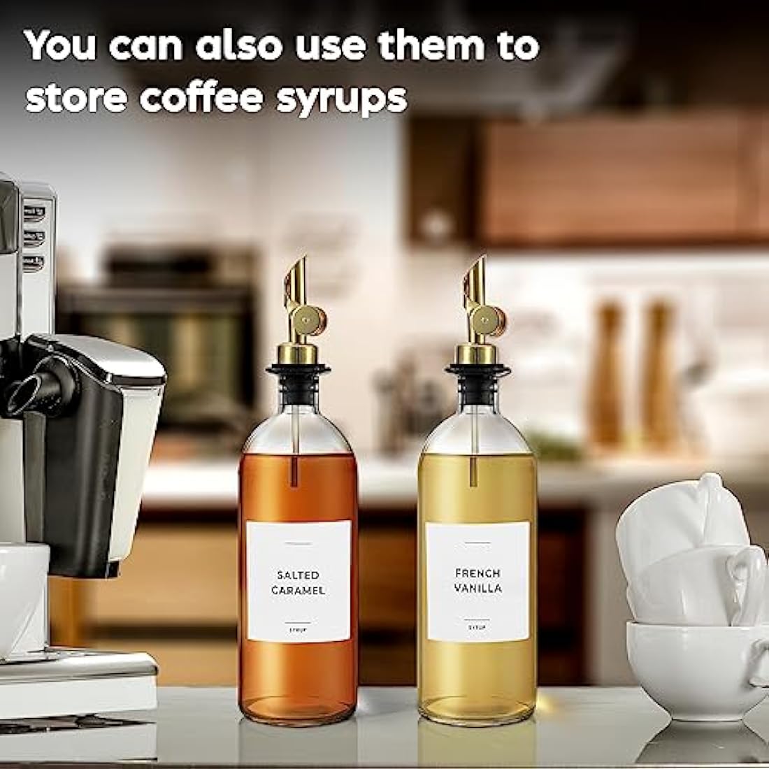 Spaceneat Olive Oil Dispenser Bottle for Kitchen, Coffee Syrup Dispenser - Elegant Olive Oil Bottles for Kitchen - Glass Cooking Oil Dispenser, Container, Cruet with Pourer Spout - Set of 2pcs, Gold