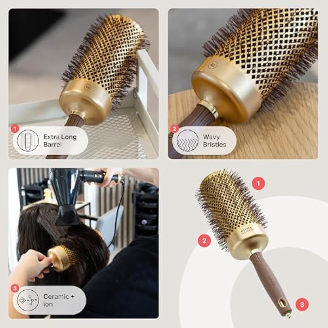 Olivia Garden Expert Blowout Speed – Gold & Brown - 65 - Ceramic Coated Round Brush with Extra Long Barrel for 25% Faster Blowouts