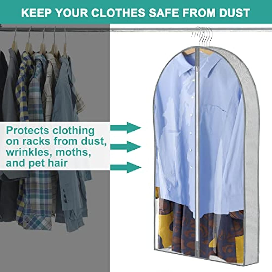 ZSURLUX Garment Bags for Clothes 60 x 100cm 4Pack, Moth Proof Clothes Covers with Zip, Hanging Storage Protector Bags for Wardrobe, Travel, Suitable for Suit, Coat, Jackets, Jumpers,etc. Grey