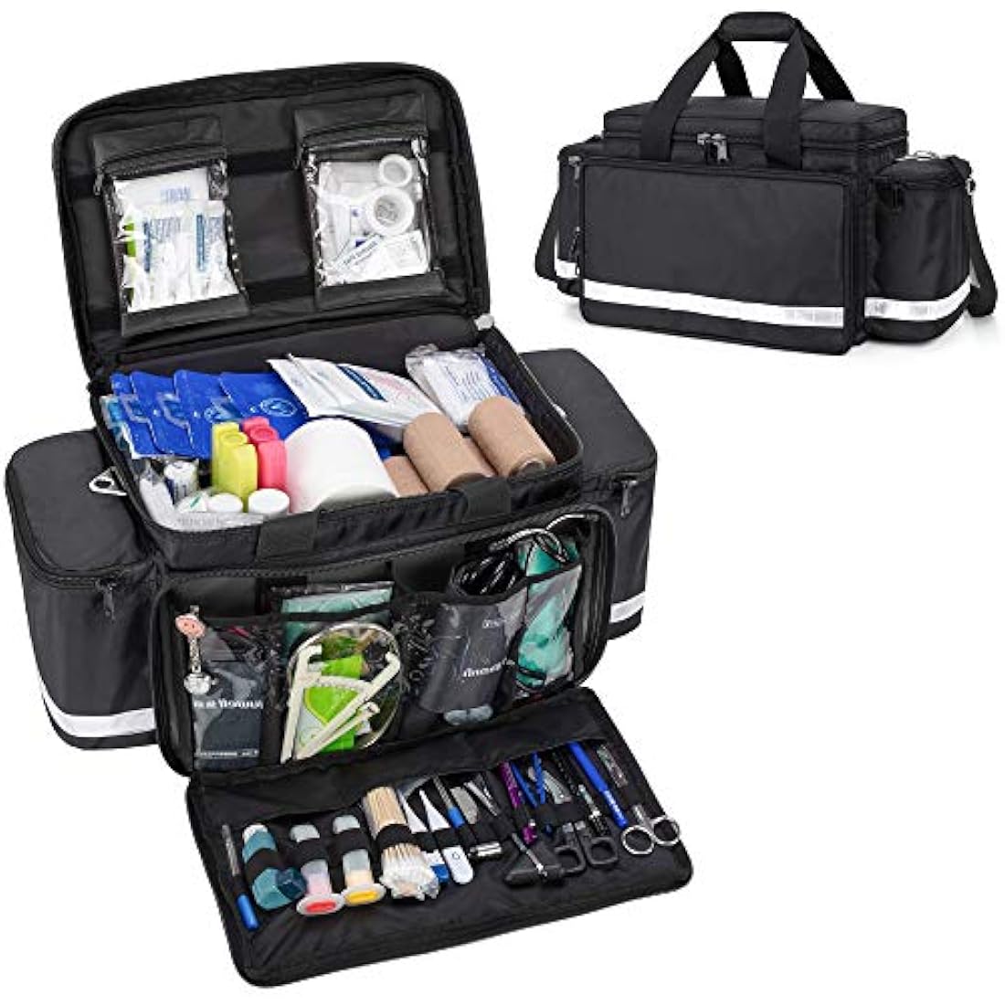 Trunab Emergency Responder Trauma Bag Empty, Professional Large First Aid Bag Medical Bag with Inner Dividers and Non-Scratch Bottom, Ideal for EMT, EMS, Paramedics, Black, Empty-Patented Design