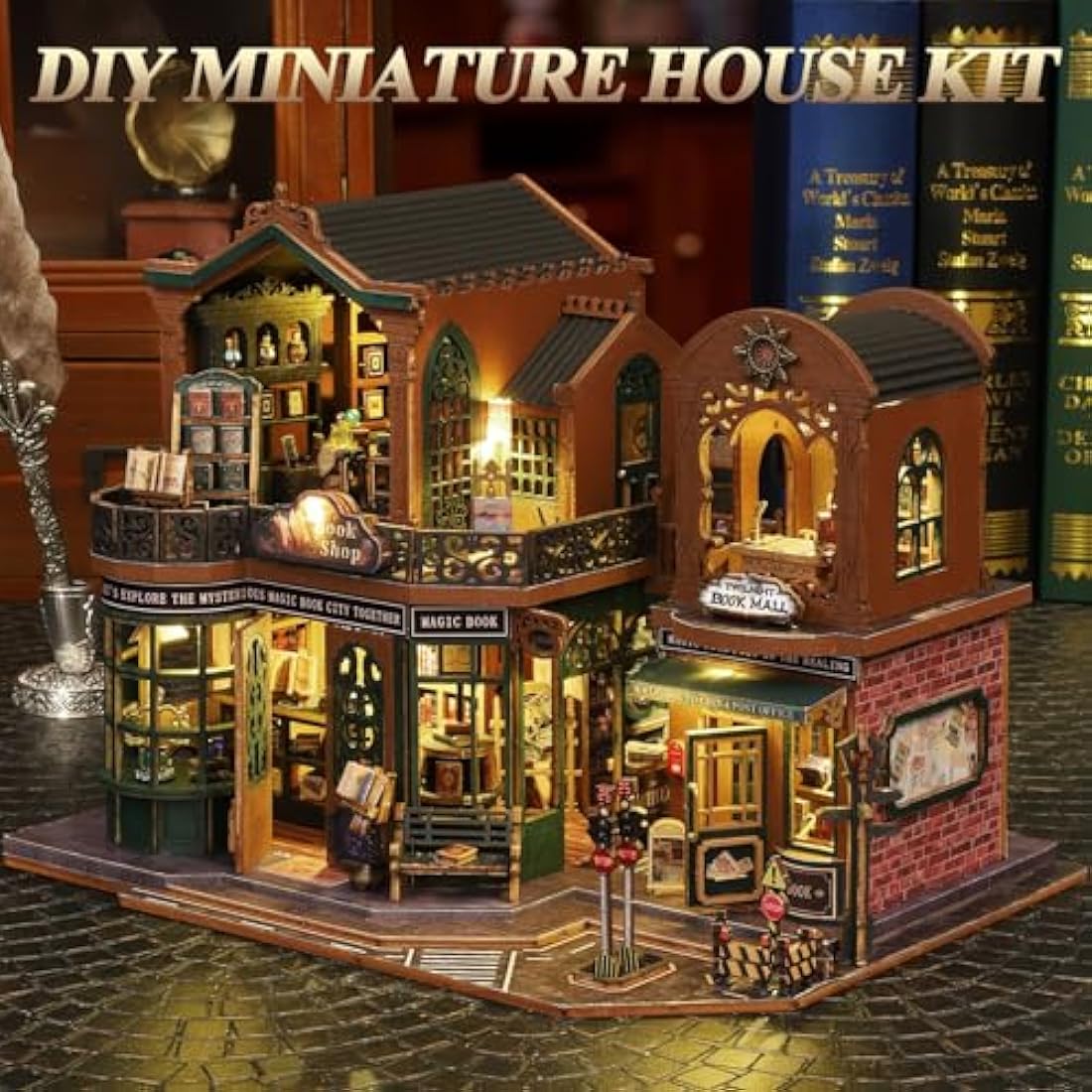 Mostop DIY Miniature Dollhouse Kit, Wooden Dollhouse Kit Miniature House Kit with LED Light and Movements,Creative Room Idea for Kids/Adults Magic House DIY Kits (Twilight BOOK City)