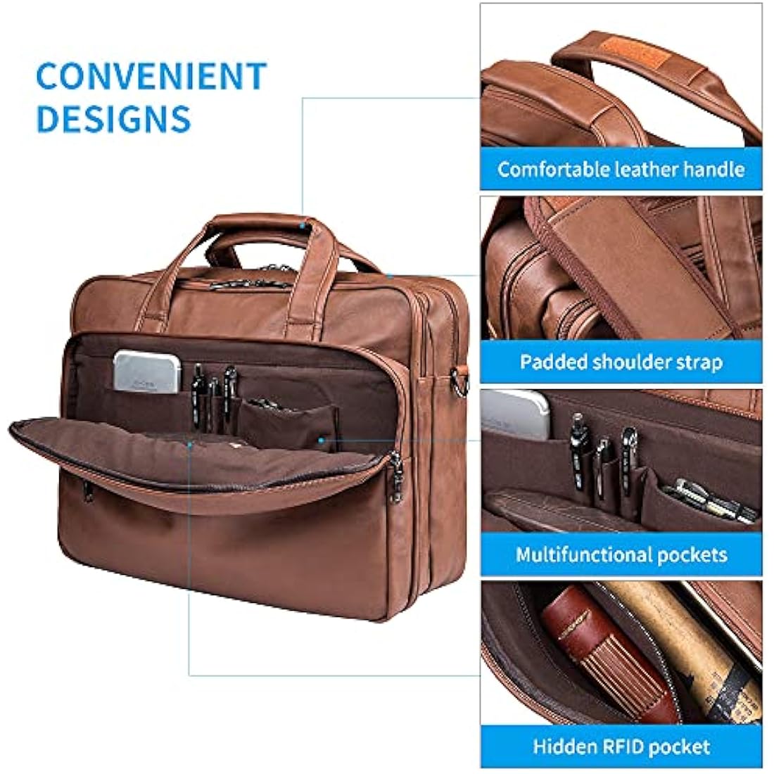 seyfocnia Leather Laptop Bag, Men's 15.6 Inches Messenger Briefcase Business Satchel Computer Handbag Shoulder Bag Fits 15.6 Inch Laptop Computer (Brown)