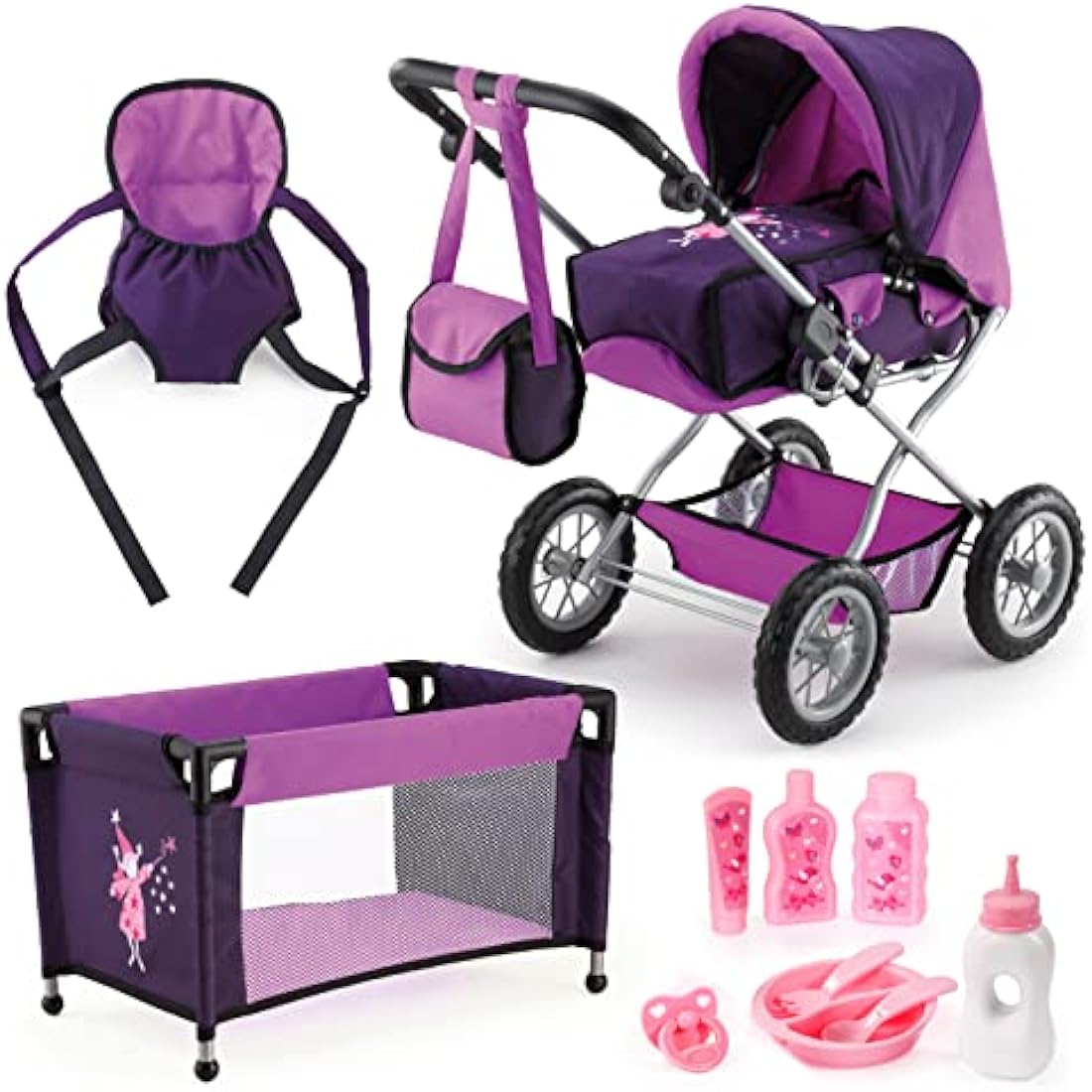 Bayer Design 15012AB Dolls Pram, Stroller Combi Grande set with bag, carrier, travel bed, accessories, purple with fairy