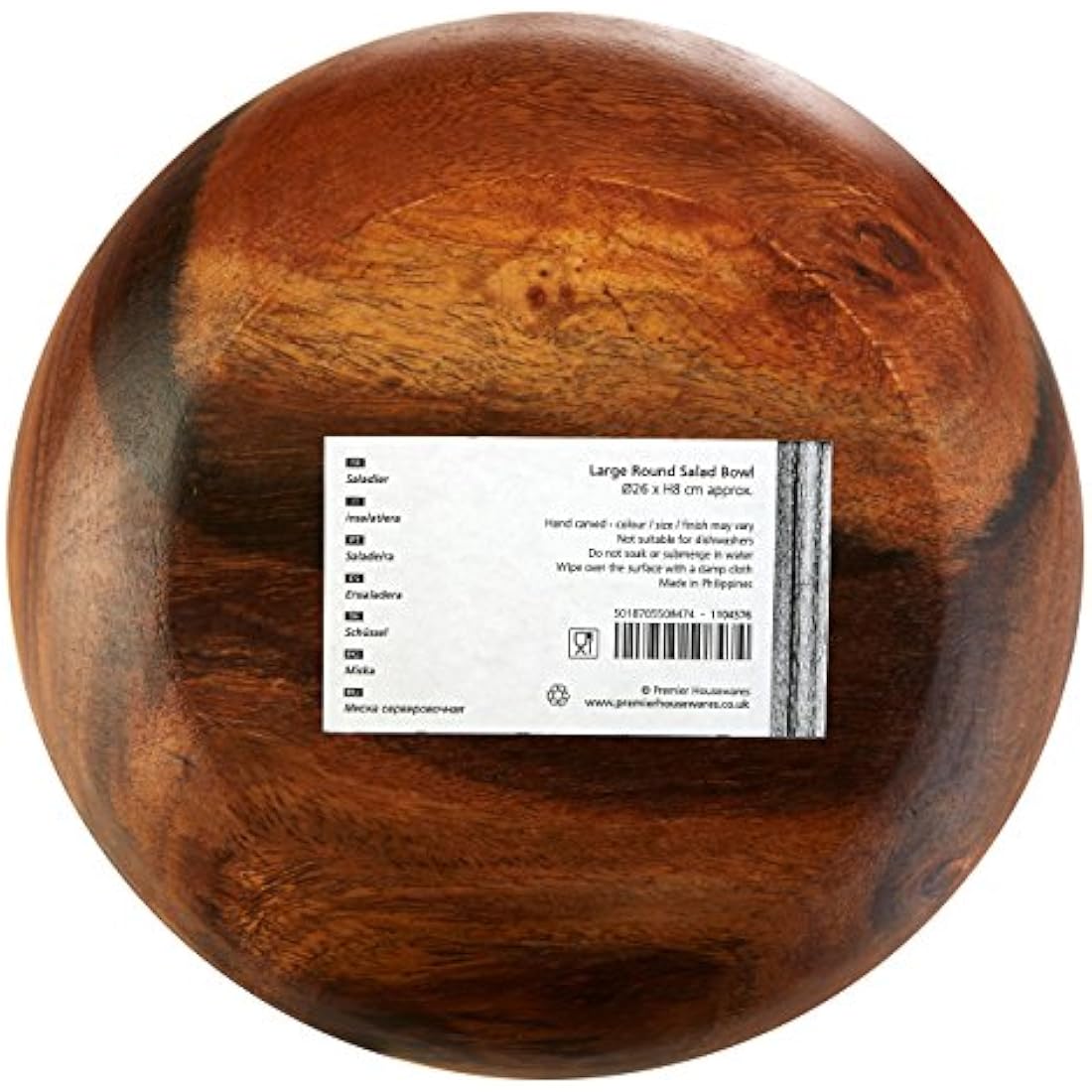 Premier Housewares Acacia Wood Salad Bowl Large Hand Carved Salad Bowl,26 x 26 x 8 cm