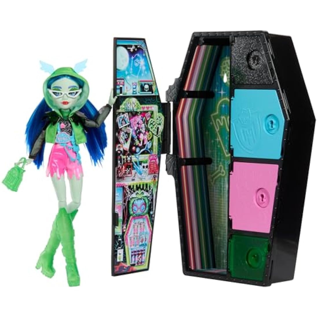 Monster High Doll and Fashion Set, Ghoulia Yelps Doll, Skulltimate Secrets: Neon Frights, Dress-Up Locker with 19+ Surprises, HNF81