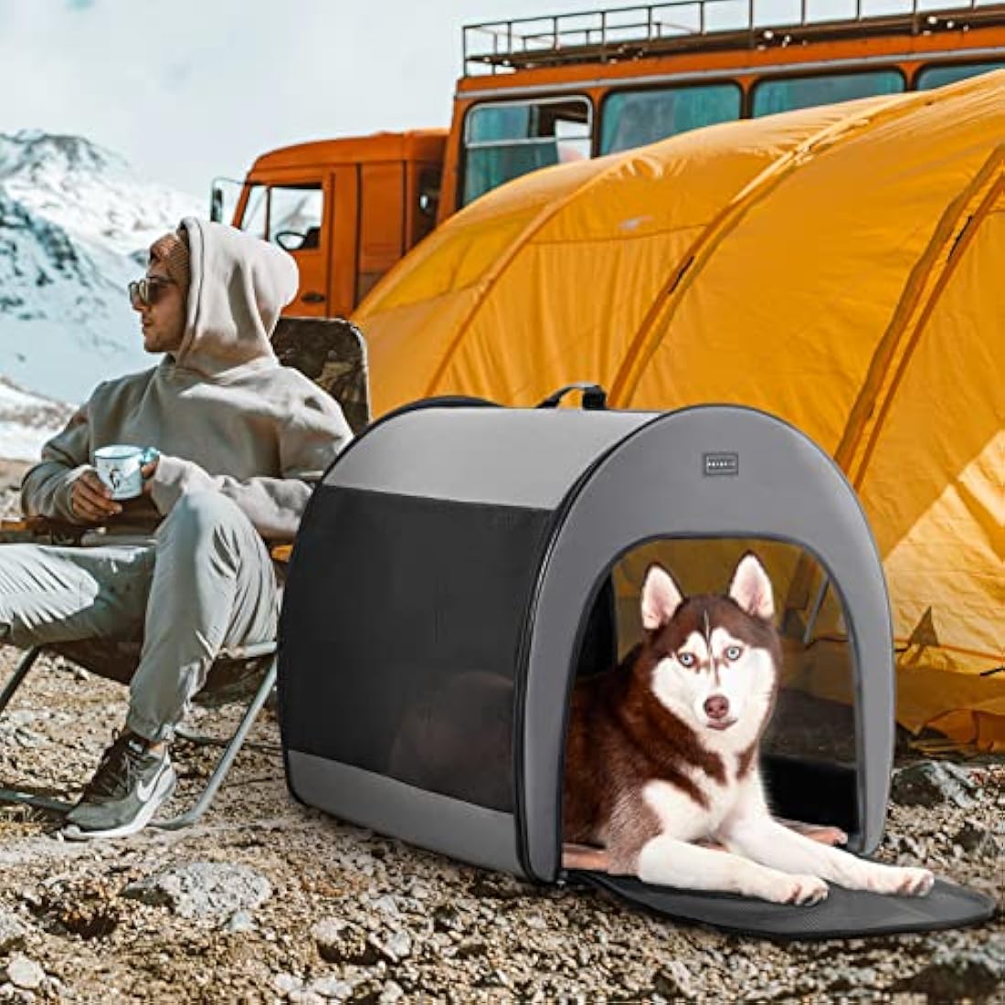 PETSFIT Soft Dog Crate Large, Travel Dog Crate - 30 Inch Lightweight, Roomy, Easy to Set Up, Portable Pop Up Dog Carrier with Thick Mat, Sturdy Portable Cat Kennel, Grey