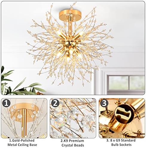 Rayofly Modern Crystal Chandeliers Ceiling Light, Firework Ceiling Lights, Gold, K9 Crystals Fireworks Pendant Lights, Metal, Chandeliers for Living Room, Bedroom, Dining Room, Hallway, Kitchen, 8 G9