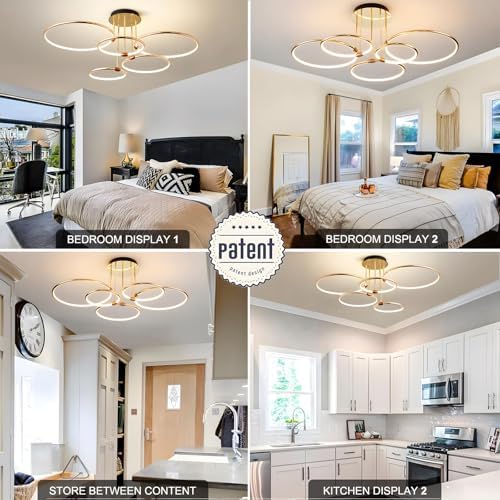 YYUTLUO LED Ceiling Light, Ø93cm Gold Metal Circle Chandelier, 108W Stepless Dimmable 3000-6000K, Modern Round Electroplate Pendant, Bedroom Living Children Office Study Kitchen Hallway(5 Ring)