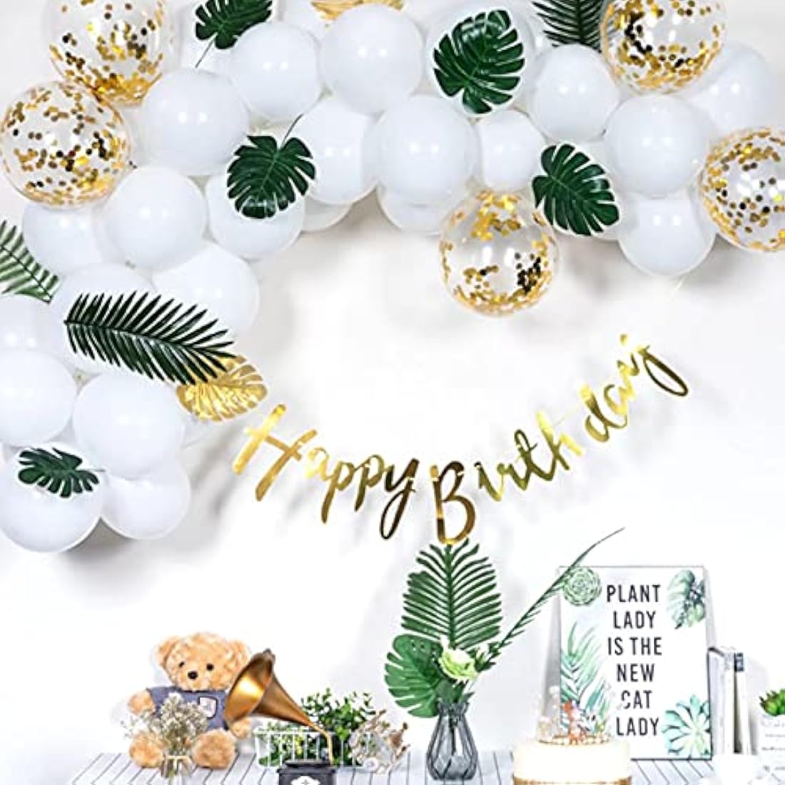 Artificial Palm Leaves, 20 Pcs Faux Monstera Leaves Golden Fake Jungle Leaf Tropical Leave with Stems for Hawaiian Jungle Theme Tropical Party Table Decorations