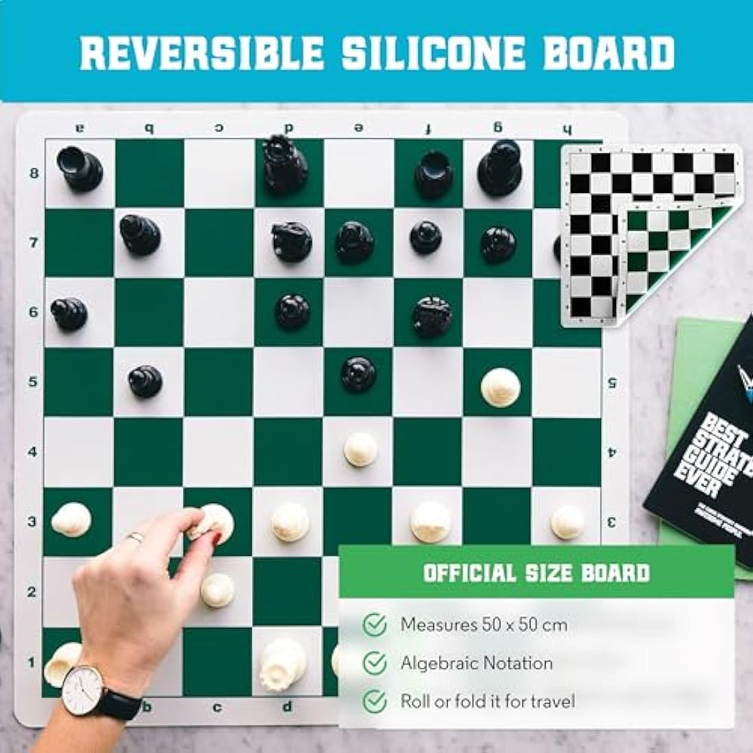Best Chess Set Ever 3X Tournament Chess Set with Staunton Triple Weighted Pieces (10.3 cm King) for Adults & Kids – Foldable Roll-up Double-Sided 50x50 cm Silicone Board Mat, Ideal for gifting