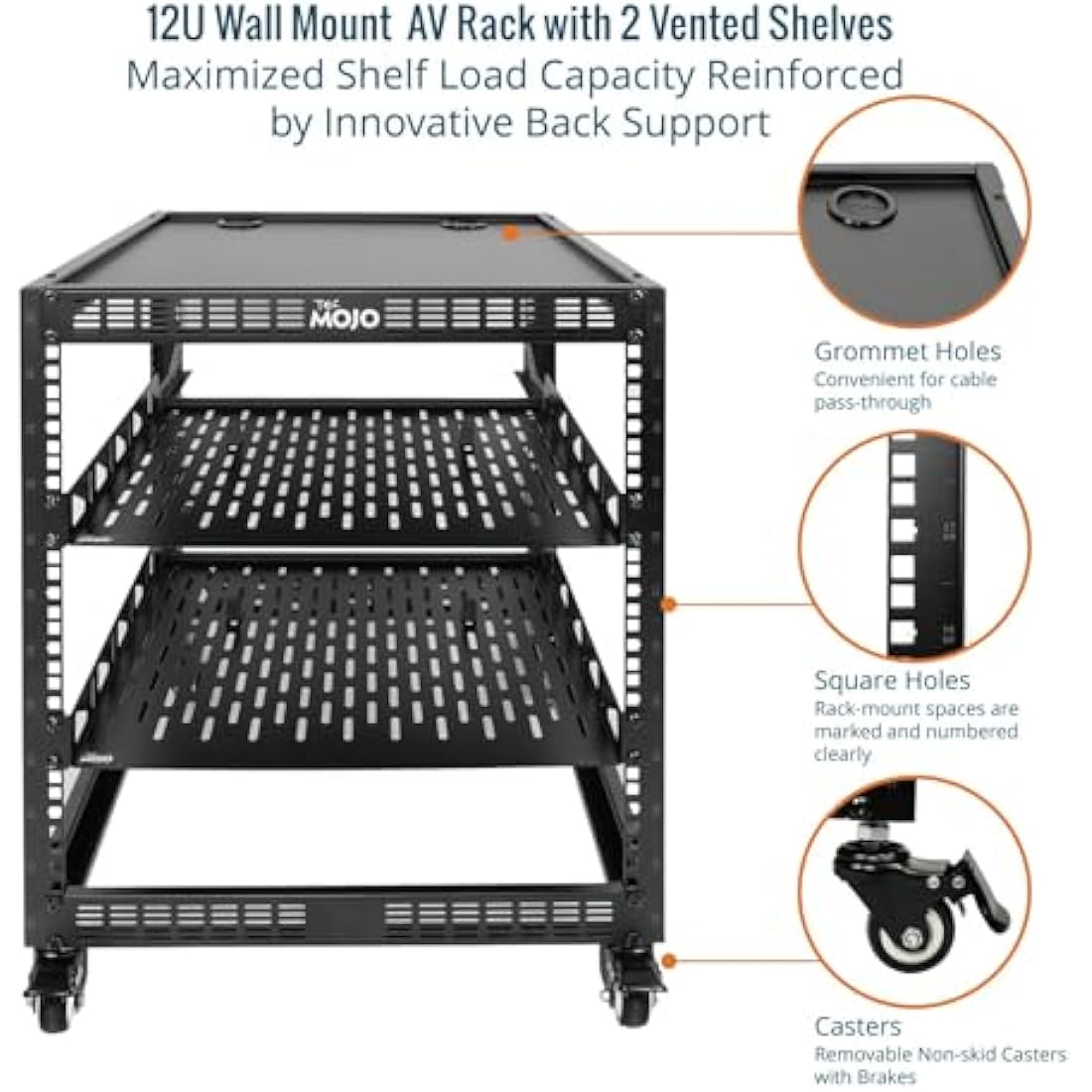 Tecmojo 12U Open Frame Network Rack, 19" Compatible, Floor Standing and Wall Mountable, with 2x 1U Server Shelf & Mounting Hardware, AV & IT Equipment Rack for for Office/Home