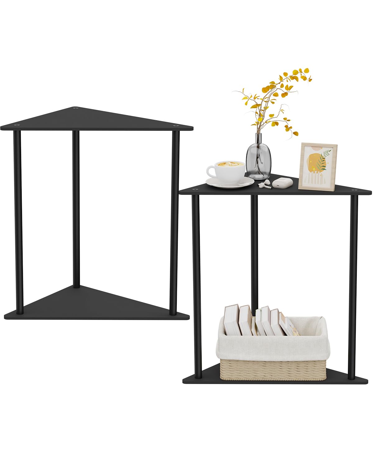 Yawinhe Triangle Metal Side Table,2-Tier Small Corner Table,Black,2 Pack
