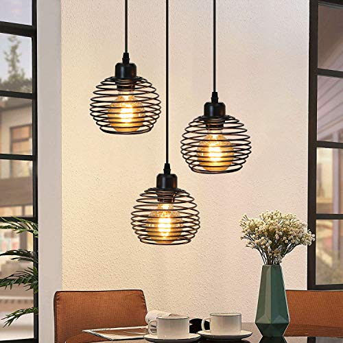 ZMH Industrial Ceiling Pendant Light 3-flame cage vintage hanging lamp retro dining table pendant light in black and gold,3 x E27 max.40 watts, for