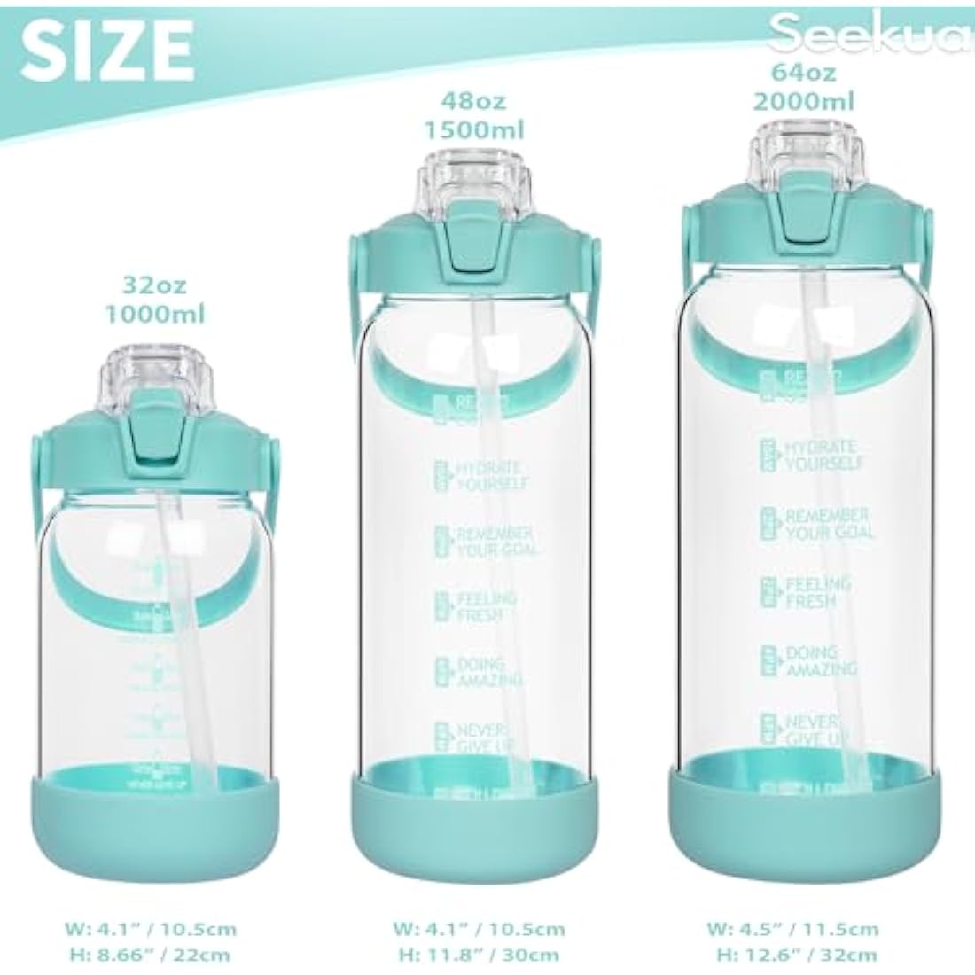 Seekua 2l Glass Water Bottle with Straw & Motivational Time Markings 2 litre Large Leakproof Gym Drinking Bottle
