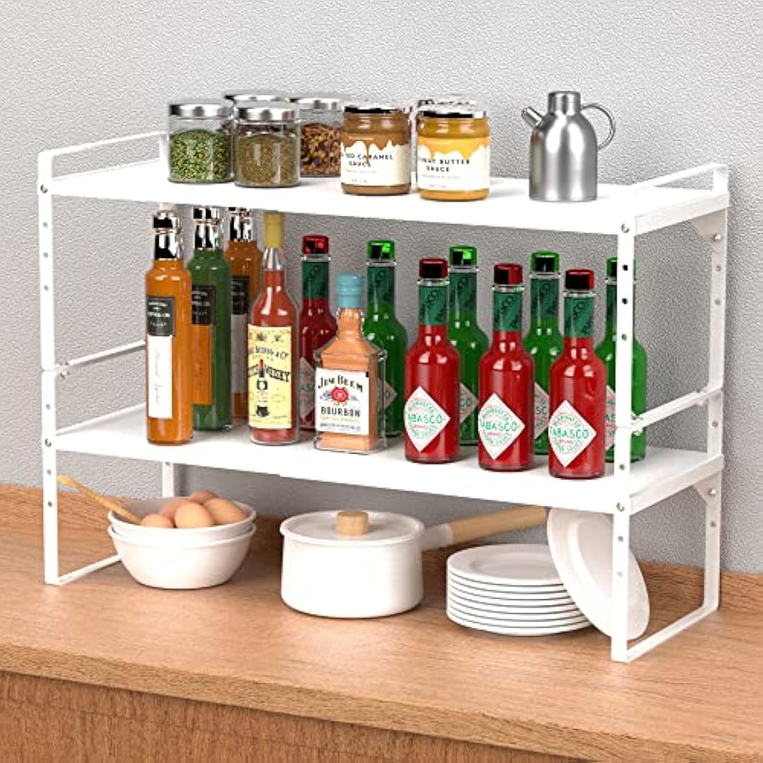 iPEGTOP Expandable Cabinet Storage Shelf Organizer Rack, Heavy Duty Steel Metal Spice Rack Adjustable Height Home Office Pantry Shelf Space for Counter Kitchen Organization, White, Medium