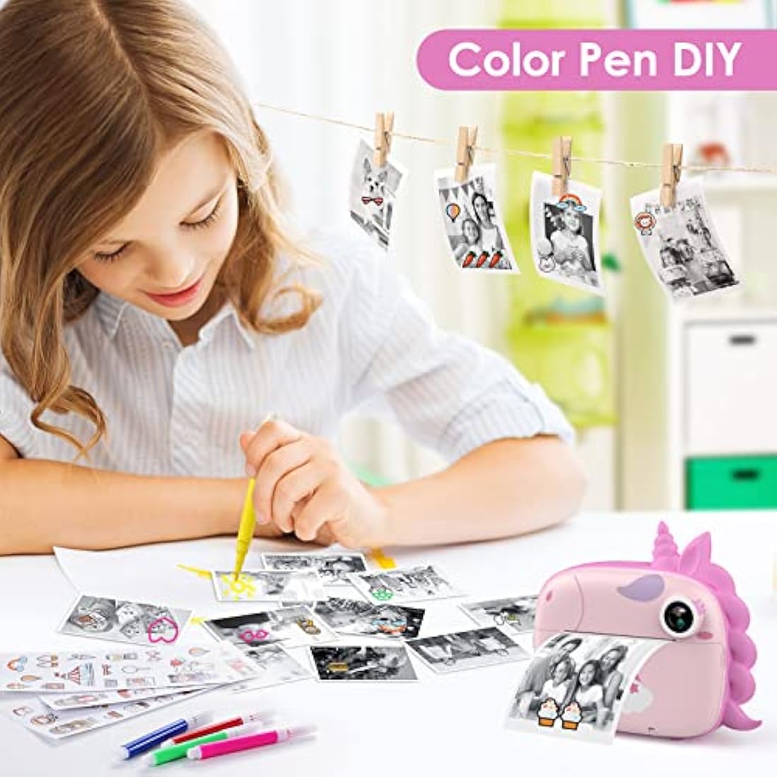 HiMont Kids Camera Instant Print, Digital Camera for Kids with No Ink Print Paper & 32G TF Card, Selfie Video Camera with Color Pens for DIY, Fun Gift for Girls Boys 3-14 Years Old (Pink)
