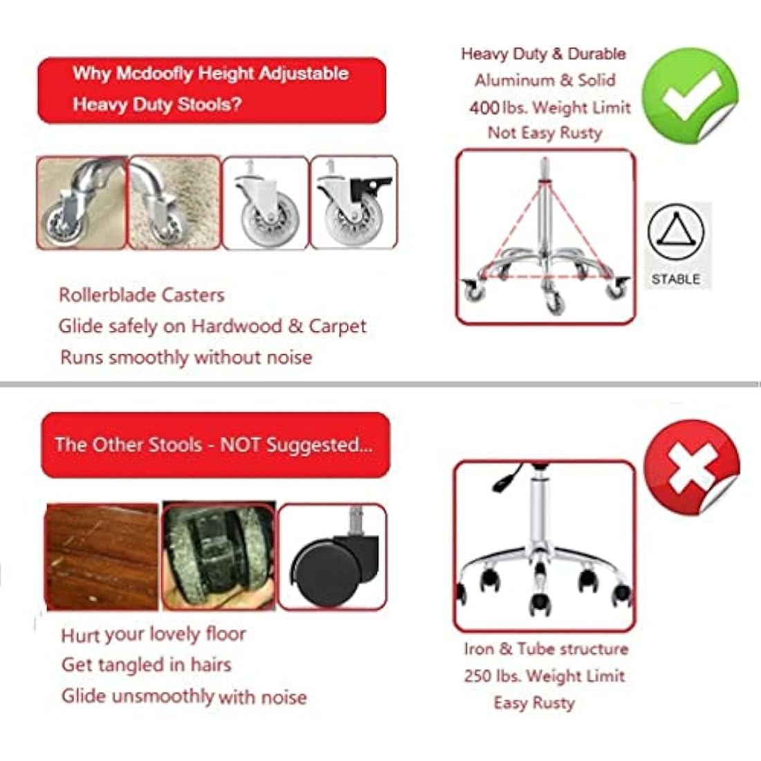 McDooFly Adjustable Heavy Duty Stool - Rolling Stools with Locking Caster Wheels - Swivel Stools Backless Chair for Home Kitchen Office Shop Tattoo Lash Tech Pedicure(Black, Height 56 to 76 cm)