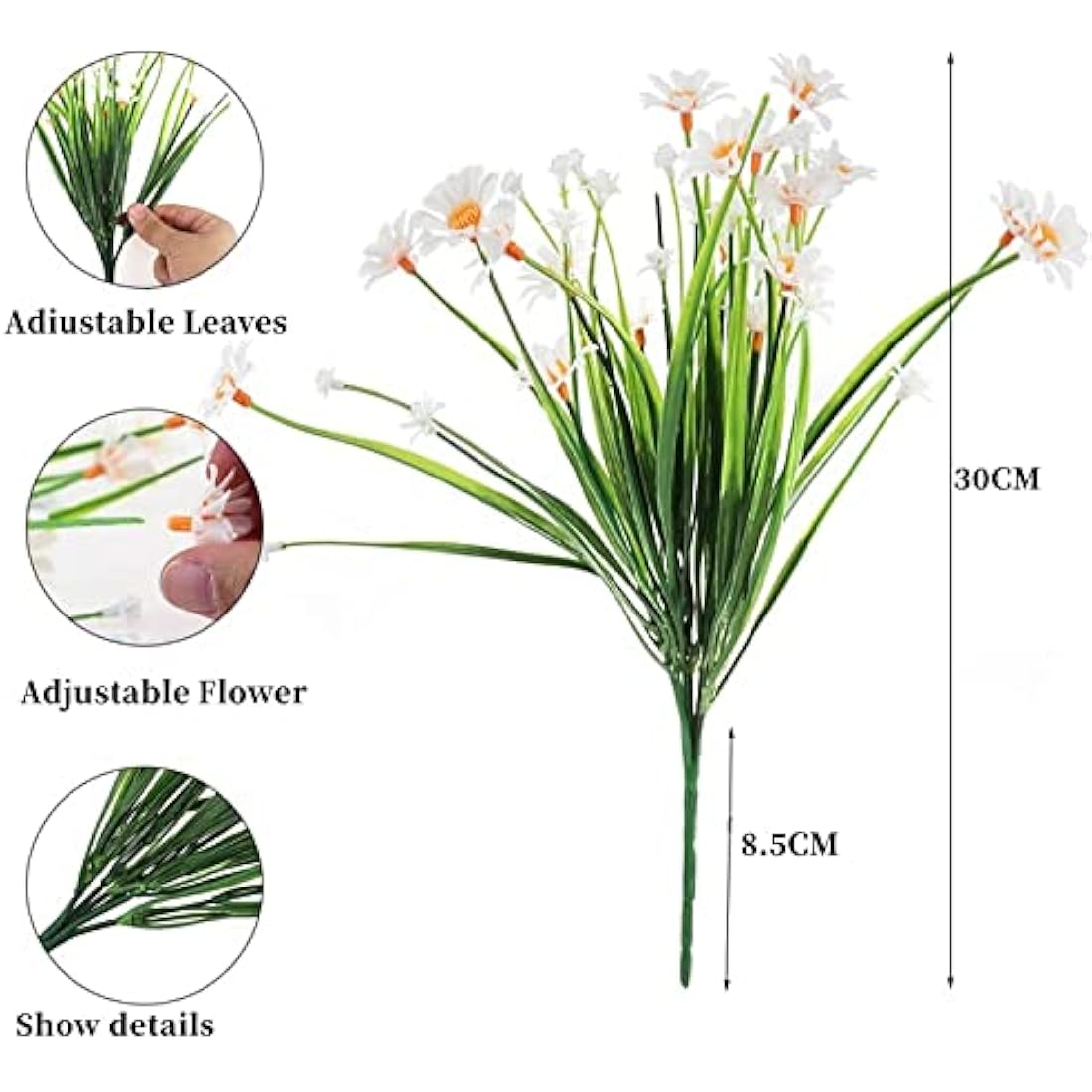 4PCS Artificial Daisy Flowers Outdoor Spring Summer Decoration UV Resistant Fake Flowers Faux Plastic Greenery Shrub Plant Indoor Outside Hanging Garden Home Porch Wedding Party Decor (White)