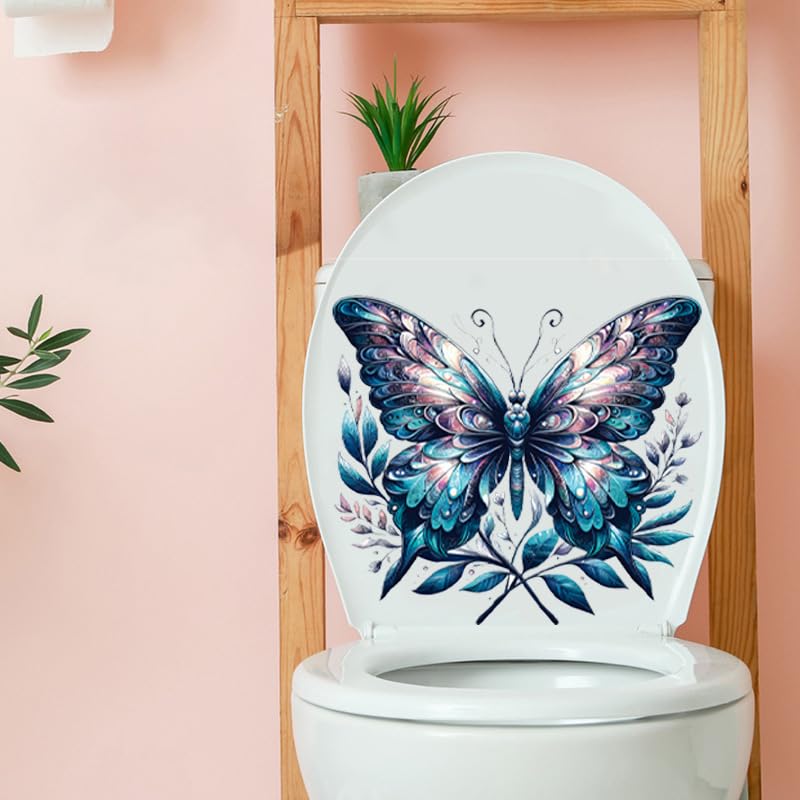 Colorful Butterfly Flower Toilet Cover Sticker Decals,Fish Bird Flower Leaf Waterproof Toilet Lid Tank Seat Decals Cistern Self-Adhesive Bathroom