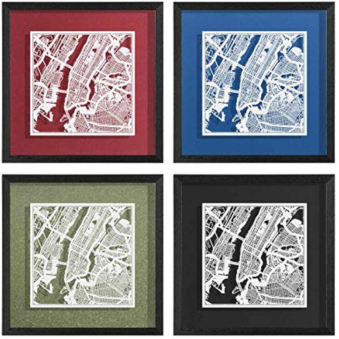 O3 DESIGN STUDIO New York Paper Cut Map framed, White map, Black frame, 9x9 inches, Gift Boxed, 4 background color, self-changing, Paper Art