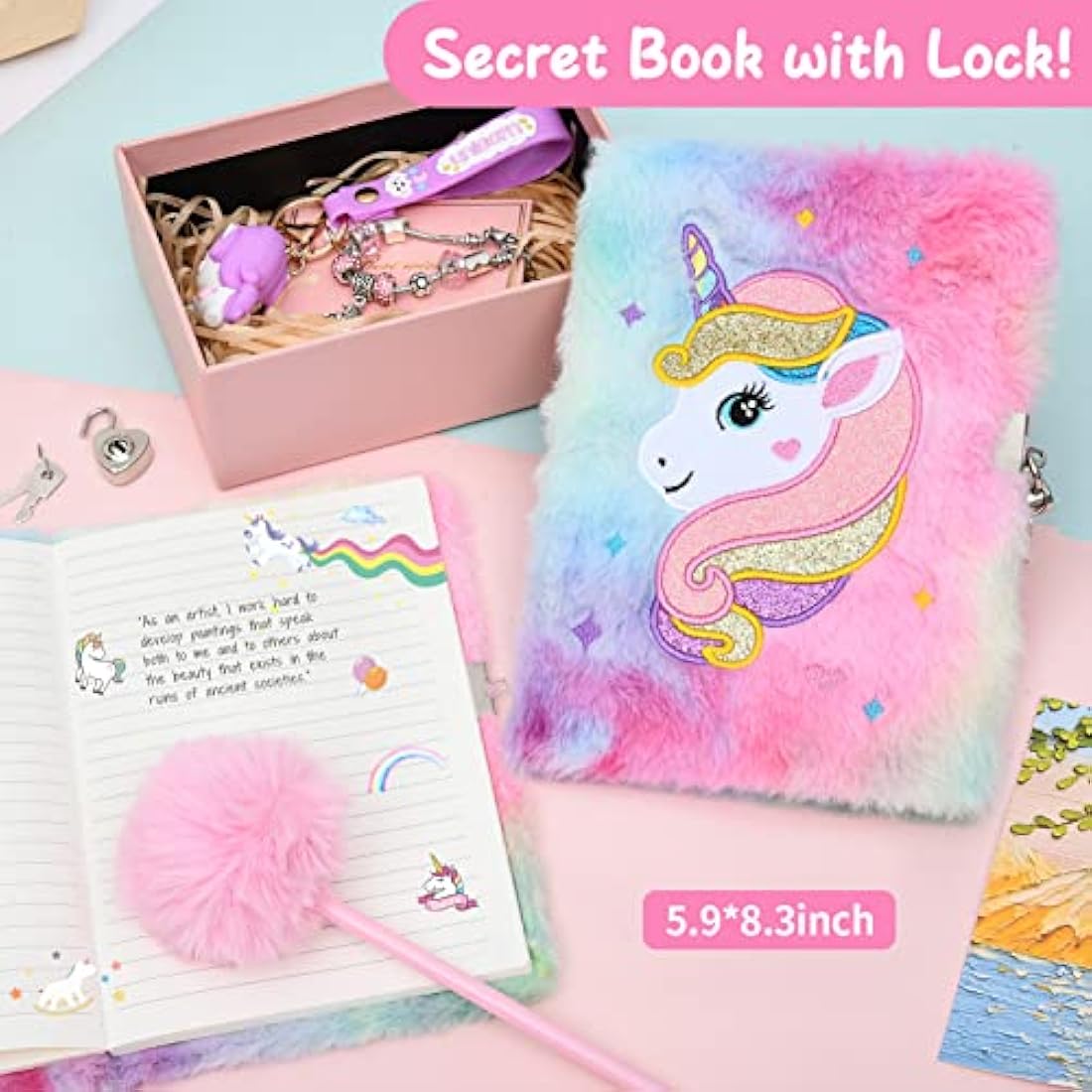Latocos Unicorn Gifts for Girls Age 4 5 6 7 8 with Light Up Star Throw Pillow Plush Diary with Locks Pen Eye Mask Headband Water Bottle Bracelet Unicorn Toys Kids Birthday Christmas Stocking Fillers
