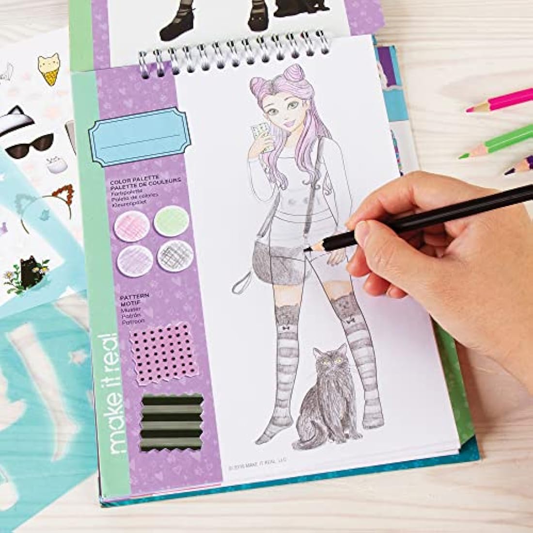 Make It Real Kitty Inspired Fashion Sketchbook with Stencils and Stickers for Creativity - Kids Arts and Crafts Colouring Book - Girls Gifts…