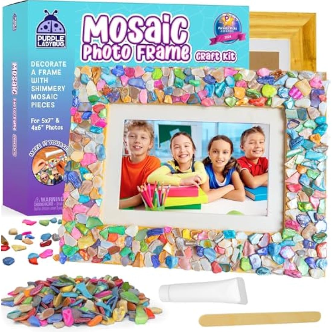 PURPLE LADYBUG Decorate Your Own Mosaic Photo Frame Craft Kits for Kids Age 6+ - 7 Year Old Girl Gifts, Birthday Gifts for 10 Year Olds Girls, DIY Arts and Crafts Activity for Kids Ages 6-10