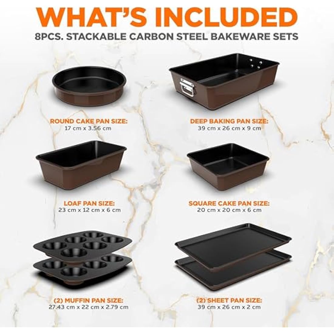 NutriChef Baking Tray Set, Stackable Bakeware Trays, Smart Space Stacking Baking Trays, 8 Pcs Non-Stick Oven Safe Baking Sets w/ Cookie, Loaf Pan, Pizza Pan, Muffin Tins, Cake Tin, Round/Square Pans