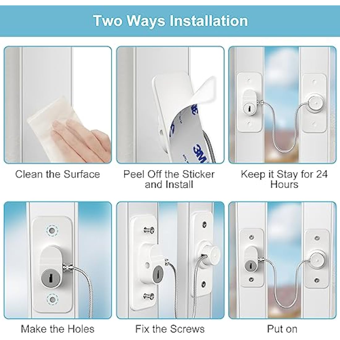 Window Safety Lock AOSITE 4 Packs Versatile Window Restrictor Self Adhesive for UPVC No Drilling Window Locks, Refrigerator Lock with Key Child Pet Child Safety Cable Lock for Childproof