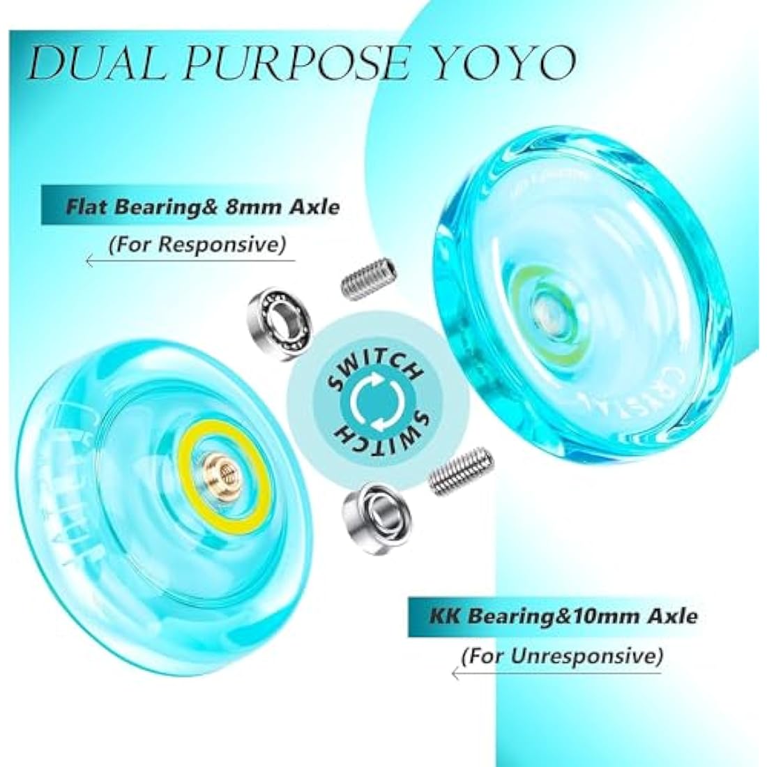 YOSTAR Yoyo Bearing Kit, Suitable for Crystal Yoyo K2 to Replace 2 Modes, with 2 Responsive Yoyo Bearing + 2 Unresponsive Yoyo Bearing + 2 8mm Axle + 2 10mm Axle + 8 Responsive Pad + Bearing Remover