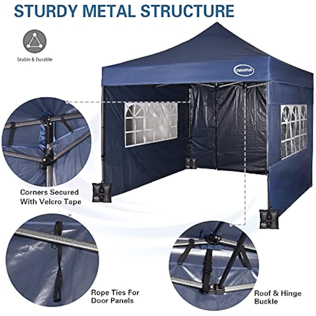 MAXIMUS HEAVY DUTY POP UP GAZEBO 3m x 3m COMMERCIAL MARKET STALL WITH 4 WEIGHT BAGS (4 Walls, Blue)