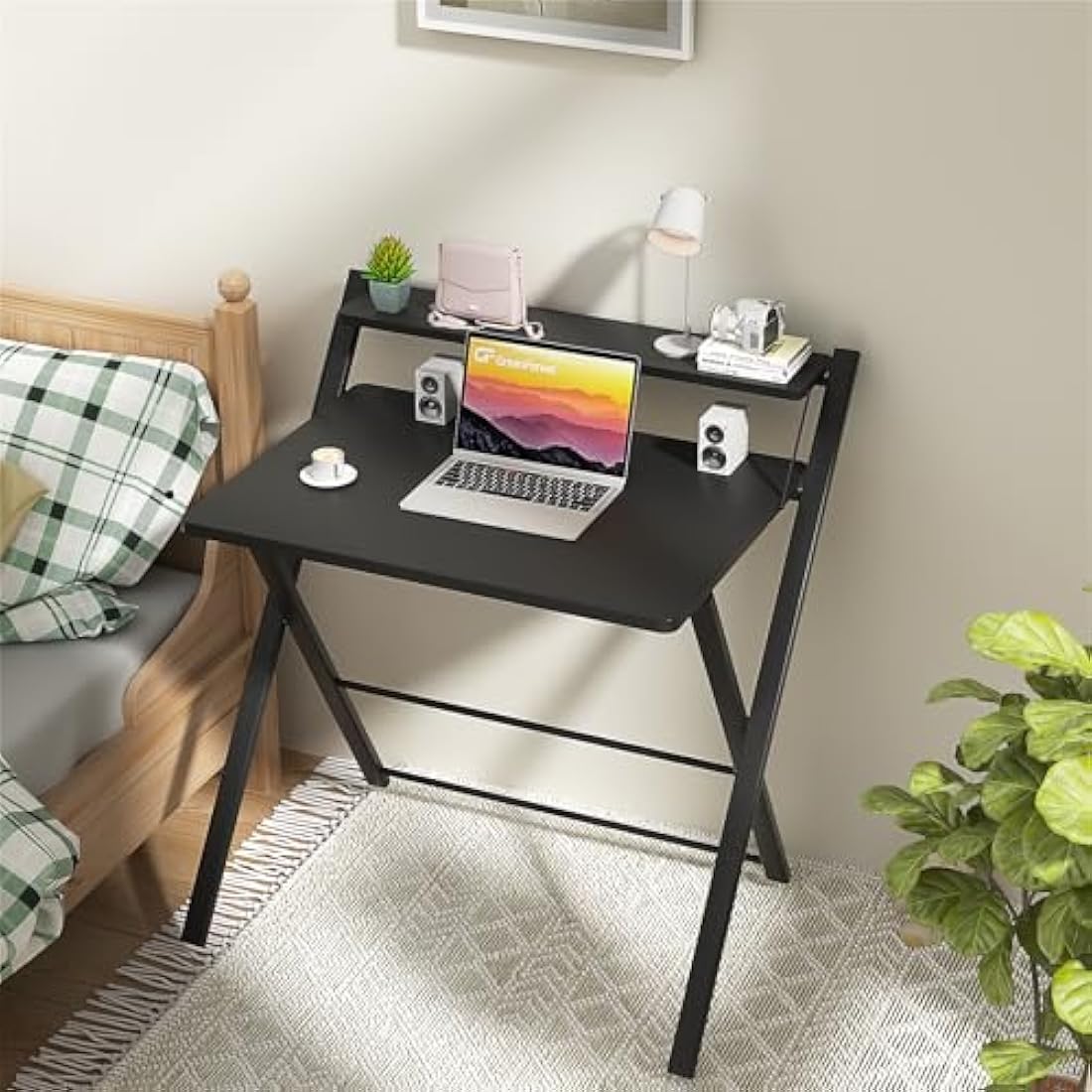 GreenForest Foldable Desk No Assembly Required,Small Desk with Monitor Shelf,Computer Desk for Small Space,Black