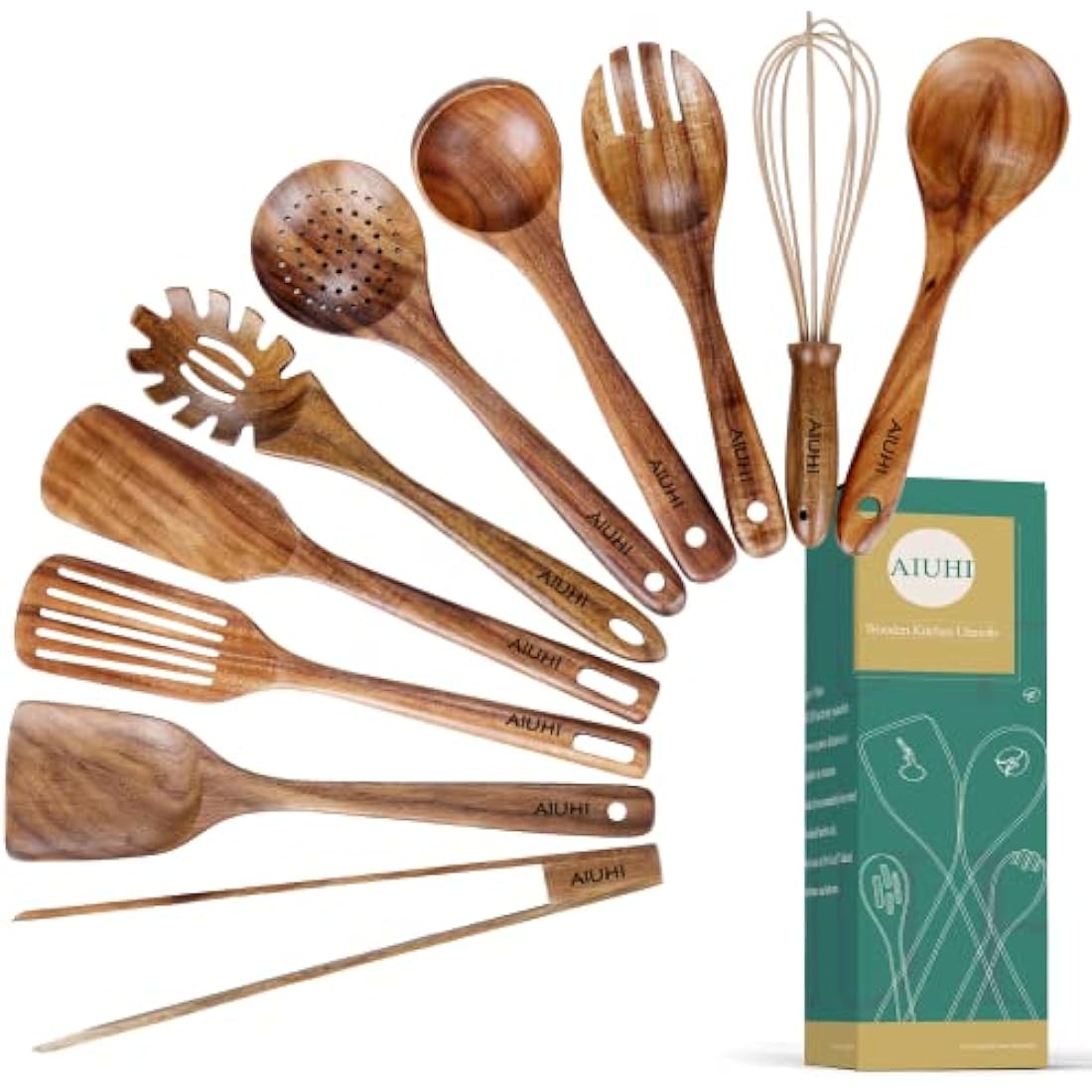Teak Wood Utensils - Nonstick Wooden Kitchen Set with Spatula and Ladle (10)