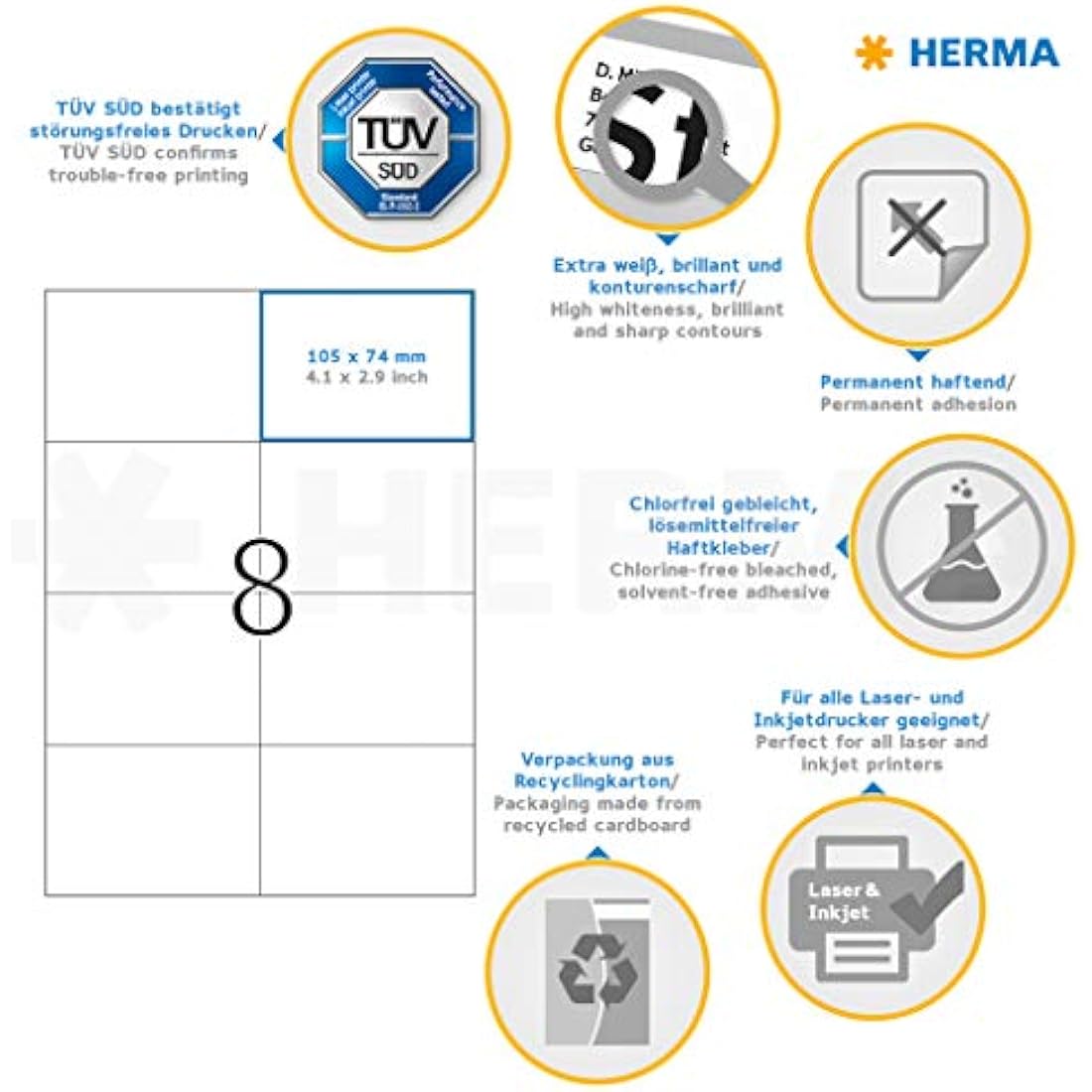 HERMA Self Adhesive Shipping Labels, 8 Labels per A4 Sheet, 200 Sheets, 105 x 74 mm, 1600 Labels, Blank Parcel Labels Stickers, Sticky Labels for Laser & Inkjet Printer, White