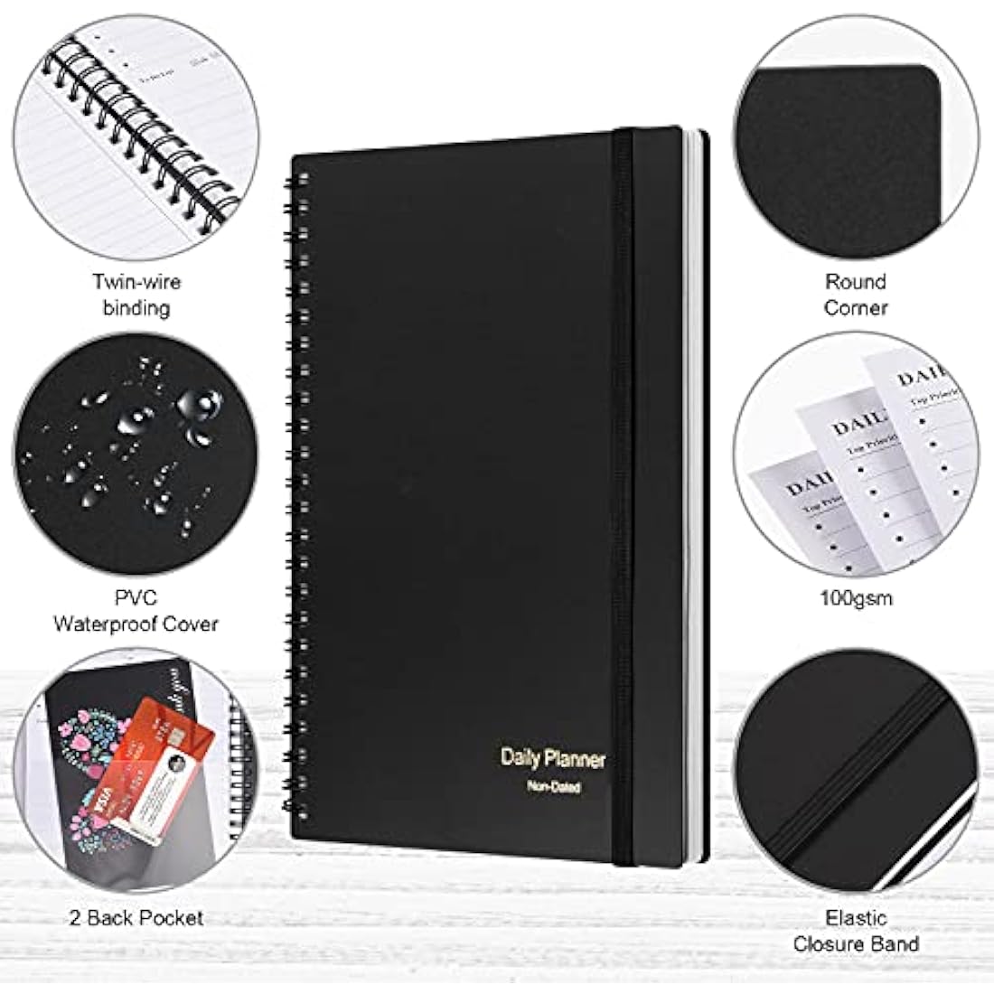 Daily Planner Undated, Asten to Do List Notebook Hourly Schedules Spiral Appointment Planner for Men and Women,PVC Hardcover,Elastic Closure, Inner Pocket 14.7 x 21.2cm (Black)