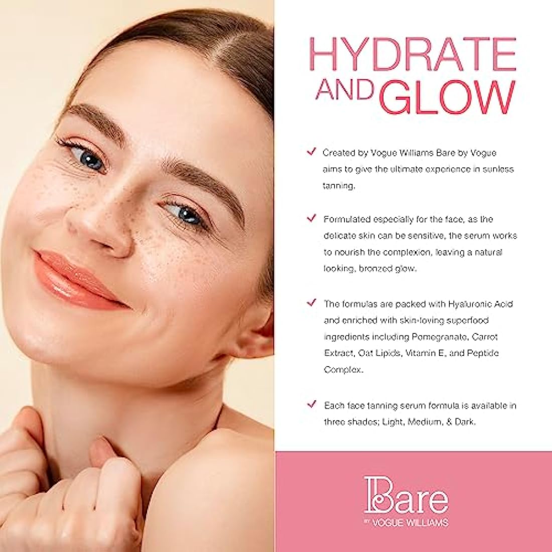 Bare by Vogue Light Face Tanning Serum - Achieve a Natural and Sun-Kissed Glow - Radiant Glow Hydrating Formula - Even and Streak-Free Application - Suitable for All Skin Types