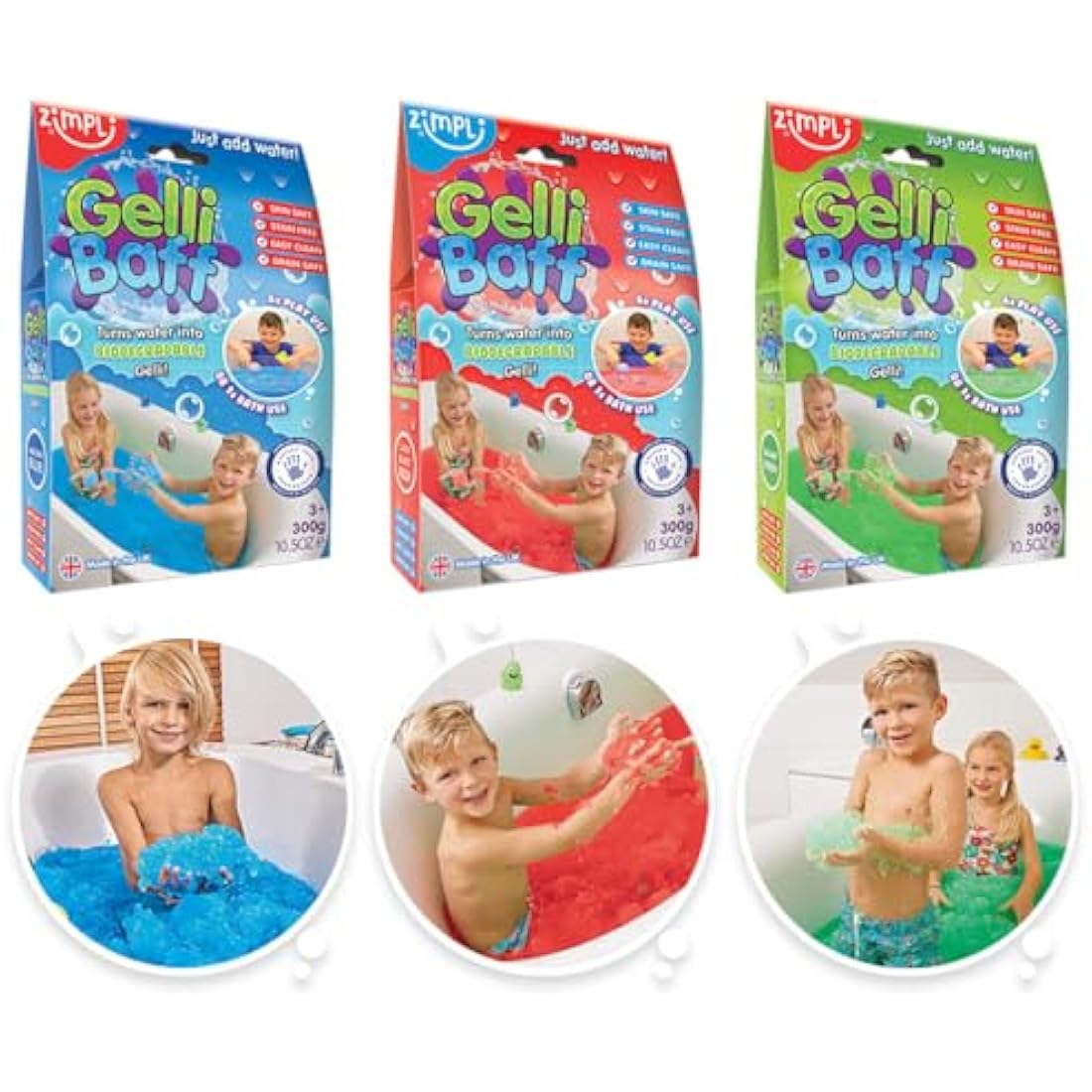 Zimpli Kids - 3 x Gelli Baff Bundle, Blue, Red & Green, Magically turns water into thick, colourful goo, Messy & Sensory Outdoor & Indoor Fun, Bath Toy for Children, Birthday Goody Bag Fillers