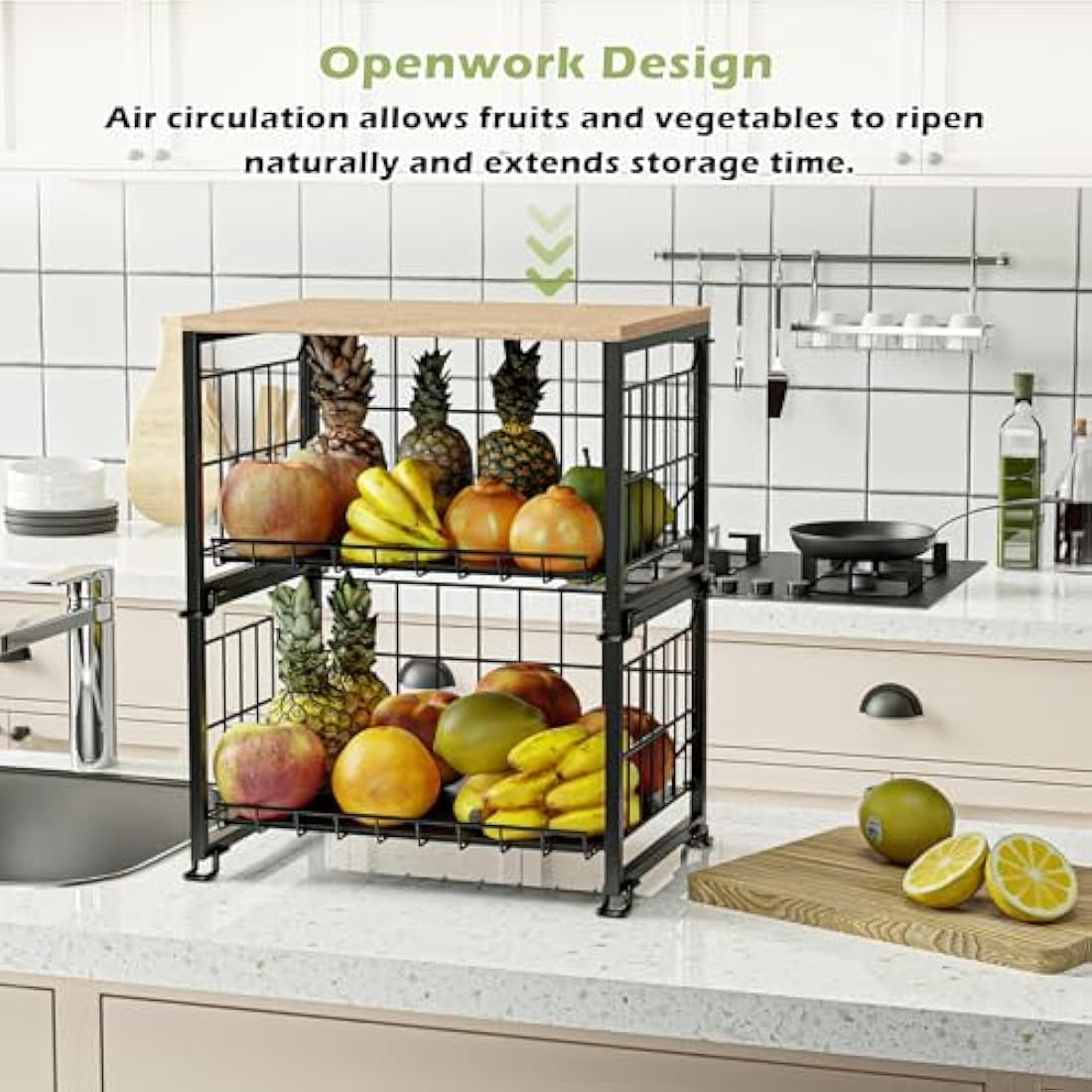 UMDONX Fruit Rack,Kitchen Countertop Wire Storage Basket,Vegetable Rack,Fruit and Veg Storage 2 Layers (Black)