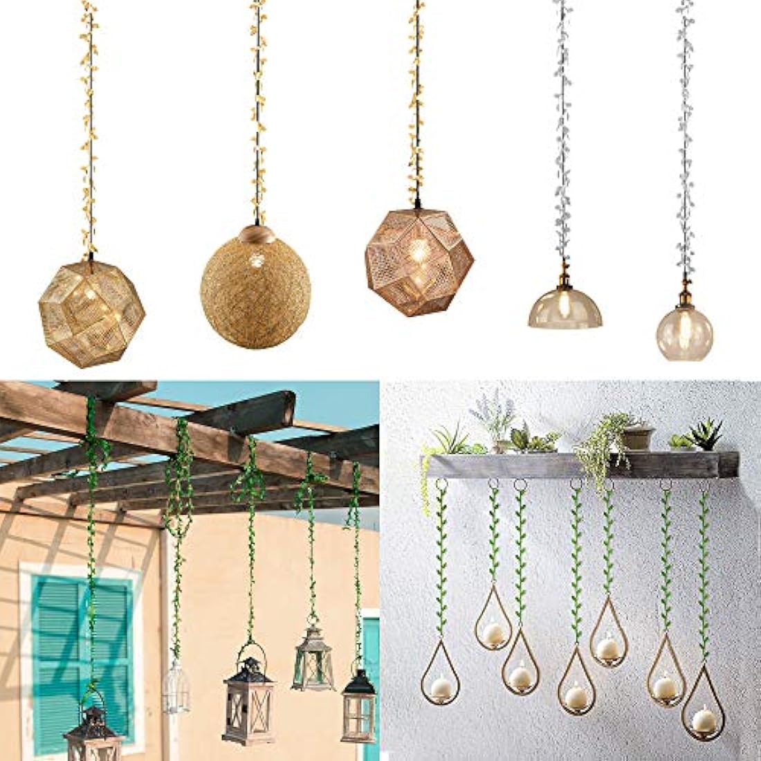 Artificial Vines Fake Hanging Leaf Plant Ribbons for DIY Crafts and Party Wedding Home Garden Decoration 3 Rolls (Gold/Silver/Green