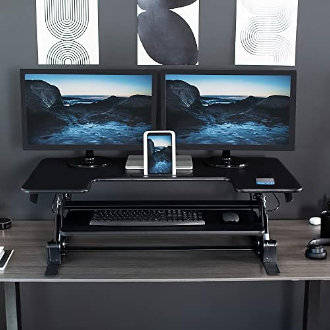 VIVO 107cm Height Adjustable Stand Up Desk Converter, V Series, Quick Sit to Stand Tabletop Dual Monitor Riser Workstation, Black, DESK-V000VL