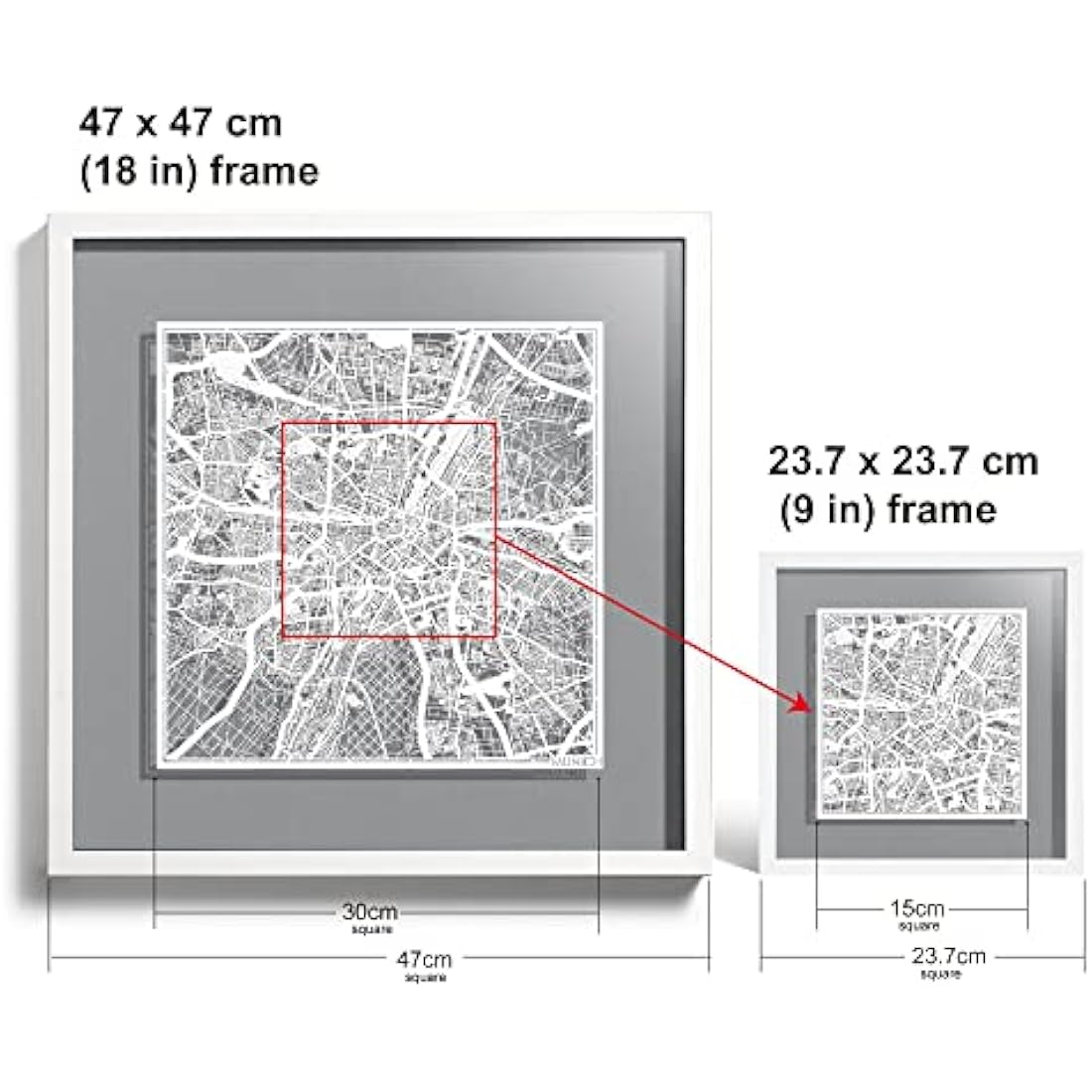 O3 DESIGN STUDIO Munich Marco de Papel para mapas, White map, White frame, 9x9 inches, Gift Boxed, 4 background color, self-changing, Paper Art