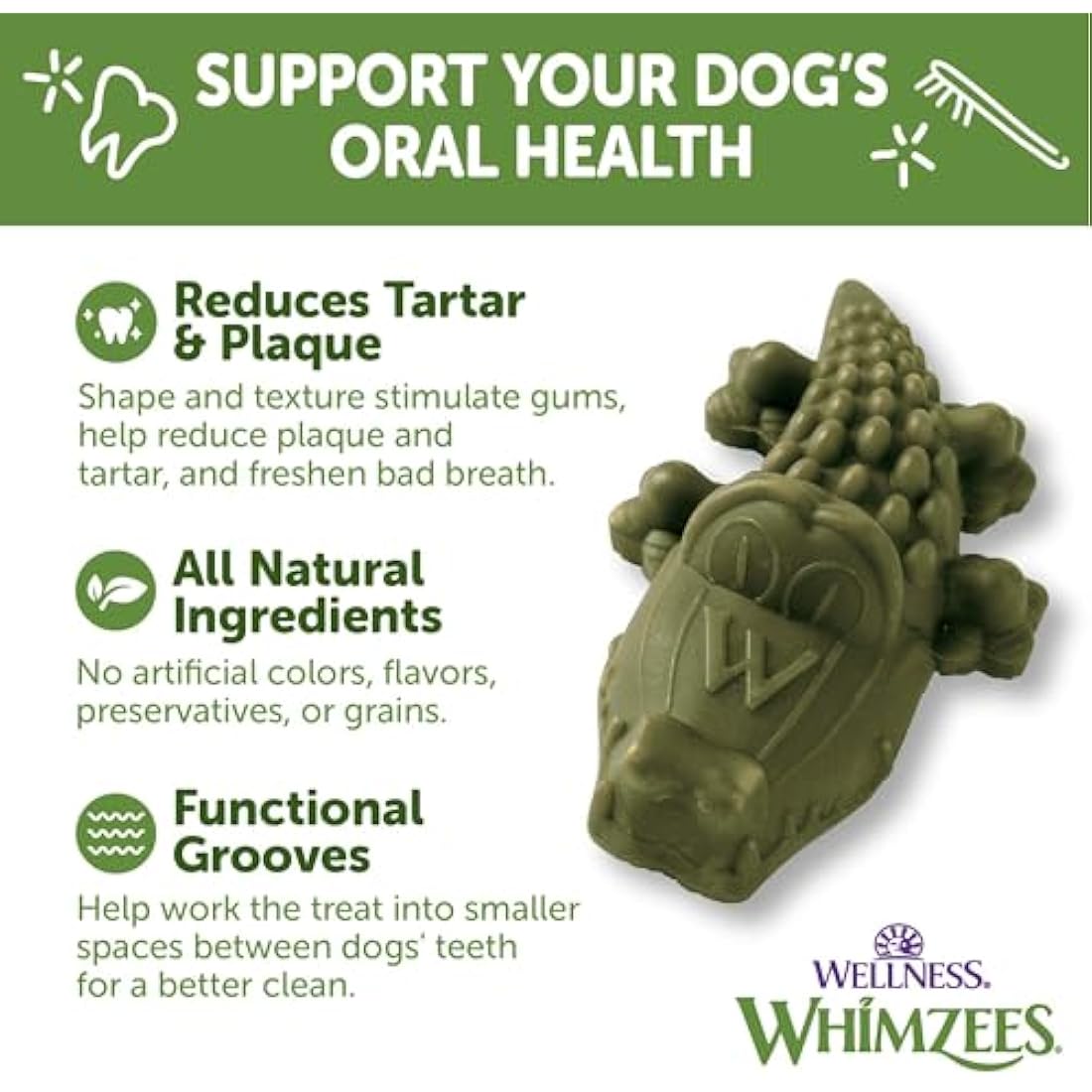 WHIMZEES by Wellness Alligator Natural Dental Chews for Dogs, Long Lasting Treats, Grain-Free, Freshens Breath, Medium Breed, 12 Count