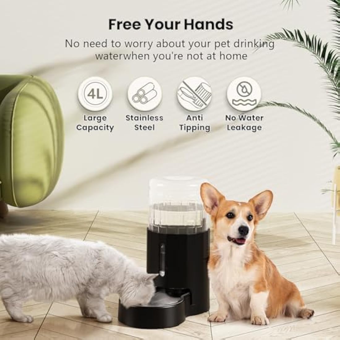 JUNSPOW Drinking Fountain for Cats with Stainless Steel Bowl 4 L, No Electricity & Ultra Silent Automatic Water Dispenser for Large Dogs/Multi-Cat Household, Black