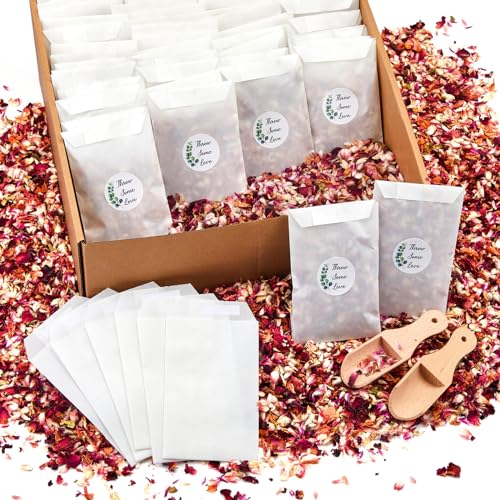 Tenare 100 Sets Wedding Confetti Bags Kit for 95-100 Guests, Includes Natural Dried Flower Rose Petals Glassine Confetti Bags Stickers Wooden Scoop