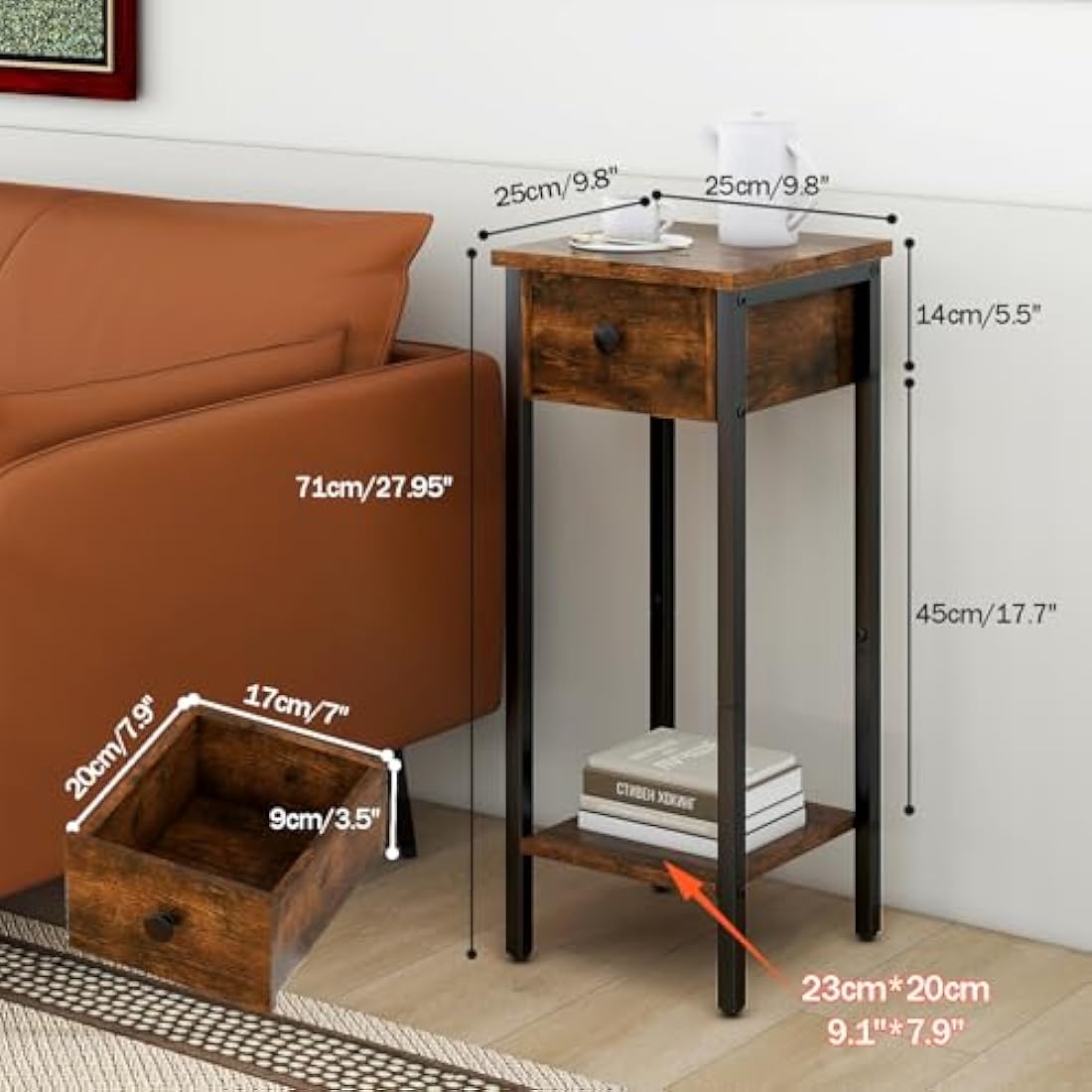 IBUYKE Slim Bedside Table Set of 2, Narrow Nightstand with Drawer, Telephone Table for Small Spaces, 25x25x70cm, Small Side End Table for Bedroom Living Room Hallway, Brown TMJ417H-2